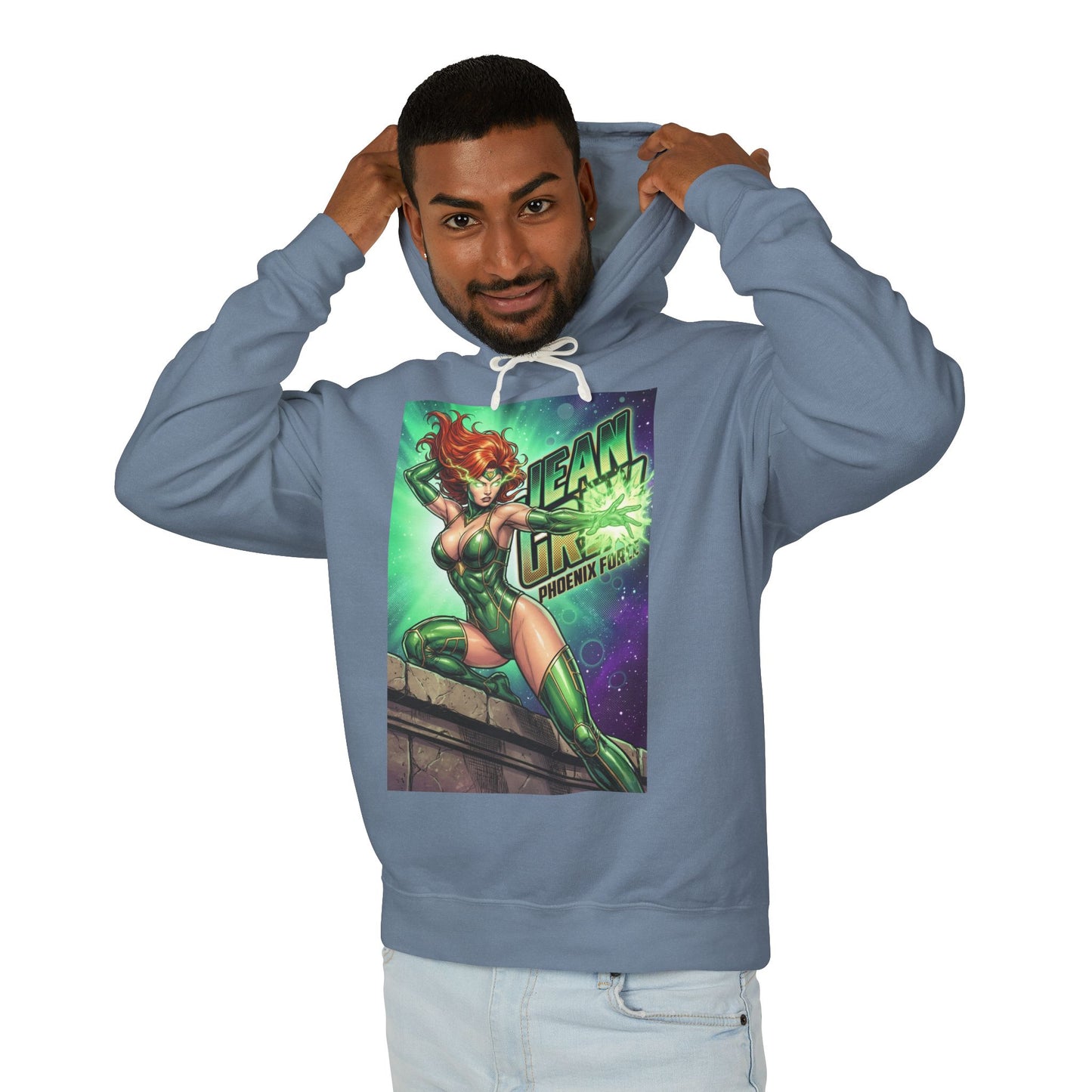 Jean Grey Hoodie | Marvel Superhero Hoodie | Phoenix Force Pullover - man wearing blue hoodie with vibrant Jean Grey Phoenix graphic
