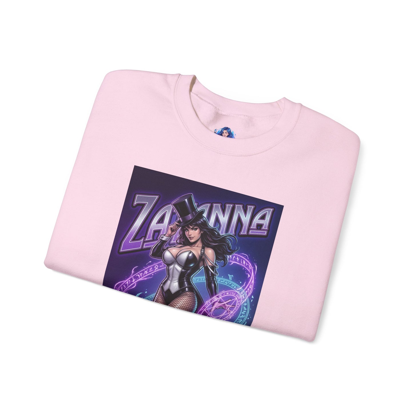 Zatanna Sweatshirt, DC Comics Character Art, Premium Fan Apparel — folded pink crewneck with Zatanna magician art