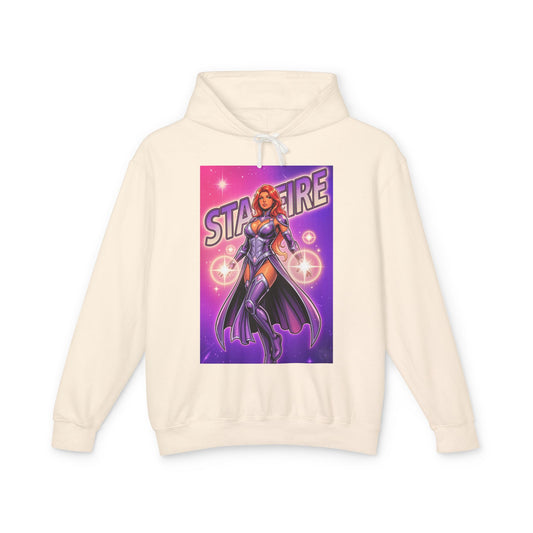 Starfire Hoodie | DC Superhero Hoodie | Cosmic Princess Pullover - cream cotton pullover with vibrant Starfire comic art, breathable streetwear
