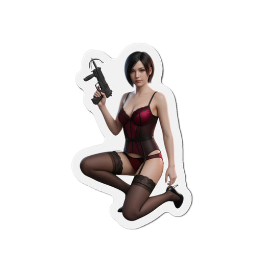 Ada Wong Magnet – Resident Evil Anime Heroine Fridge Magnet, Game Decor: die-cut vinyl fridge magnet of Ada Wong in anime-style red corset and stockings