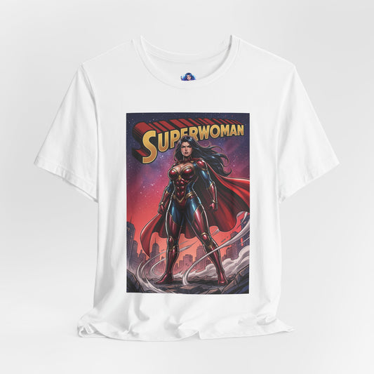 Superwoman T-Shirt | DC Comics Anime Tee for Gamers & Fans - white Bella Canvas tee featuring comic-style armored Superwoman standing before a dramatic skyline