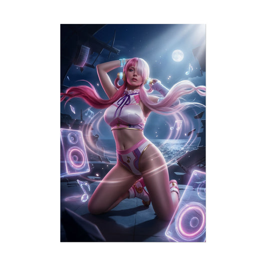 Uta Poster / Uta Wall Art / Uta Art Print / One Piece Poster - dynamic performance scene of Uta with glowing music motifs and vibrant stage energy