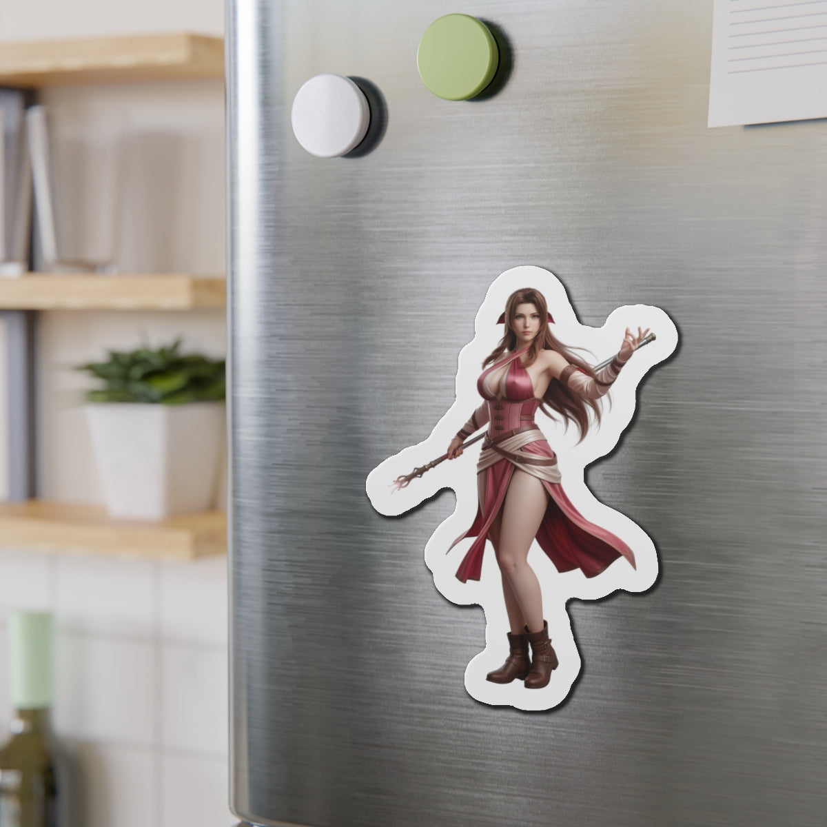 Aerith Magnet – Final Fantasy VII Fridge Magnet, Anime Heroine Decor on stainless steel fridge showing die-cut vinyl anime artwork of Aerith