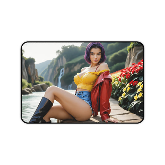 Faye Valentine Desk Mat, Cowboy Bebop Mouse Pad, Anime Girl Desk Decor showing vibrant Faye seated by waterfalls with stitched edges and non-slip base