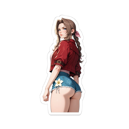Aerith Sticker – Fantasy Game Vinyl Sticker for Laptops, Journals & Indoor Decor showing detailed character art of Aerith in red jacket and denim shorts