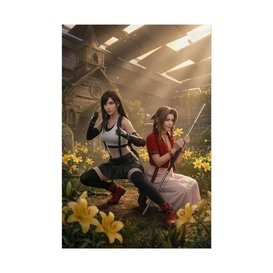 Tifa and Aerith Poster, Final Fantasy Art Print – Iconic RPG Duo: ultra-high-res wall art of Tifa and Aerith in a flower-filled chapel