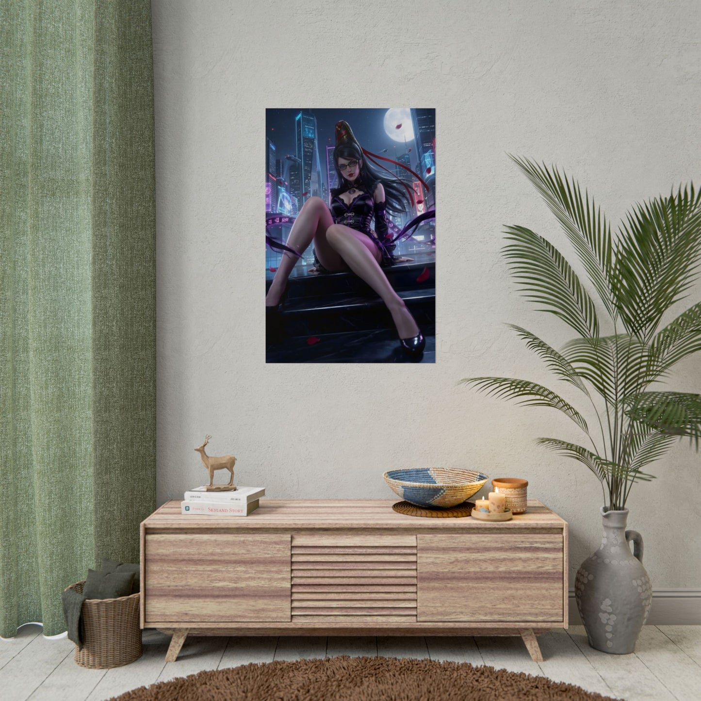 Bayonetta Poster / Bayonetta Wall Art / Bayonetta Art Print / Bayonetta Game Poster - seductive moonlit Bayonetta sitting on rooftop in dark fantasy style