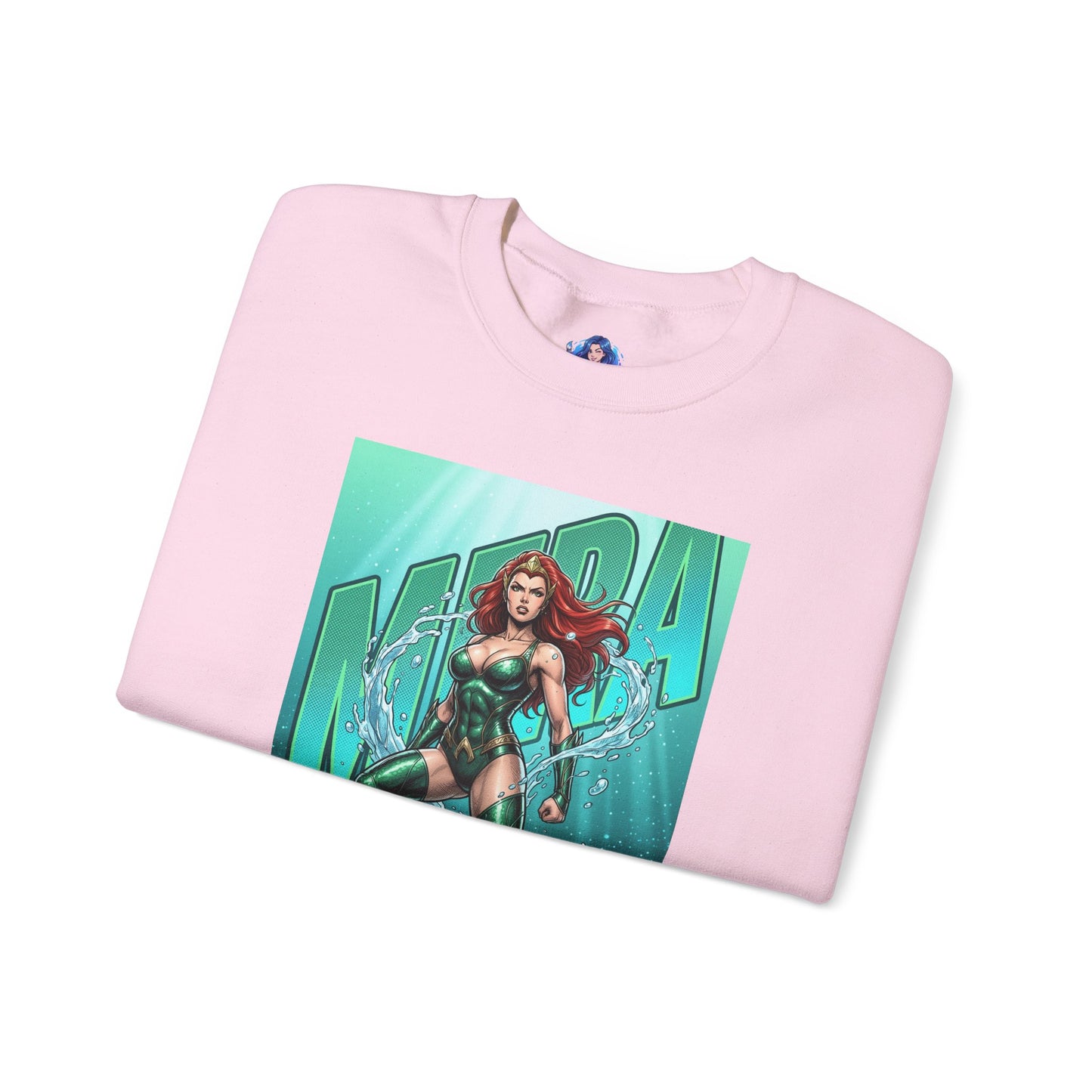 Mera Sweatshirt, DC Comics Wall Art Style, Premium Heroine Apparel - pink crewneck with comic-style Mera artwork showing flowing red hair and water powers