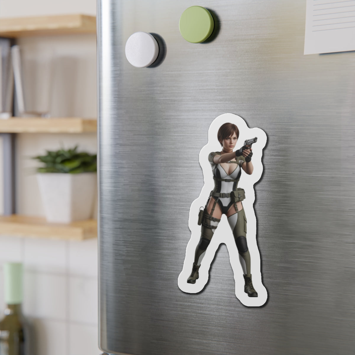 Rebecca Chambers Magnet – Resident Evil Heroine Fridge Magnet, Game Decor showing die-cut anime-style vinyl magnet of Rebecca on a stainless steel fridge