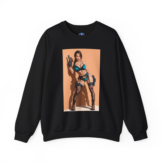 Lara Croft Sweatshirt, Tomb Raider Crewneck, Adventure Gaming Apparel for Fans showing teal-toned iconic braid artwork on black crewneck