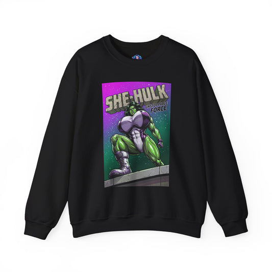 She-Hulk Sweatshirt, Comic Character Art, Premium Fan Apparel — black crewneck featuring bold She-Hulk comic illustration with vivid green tones