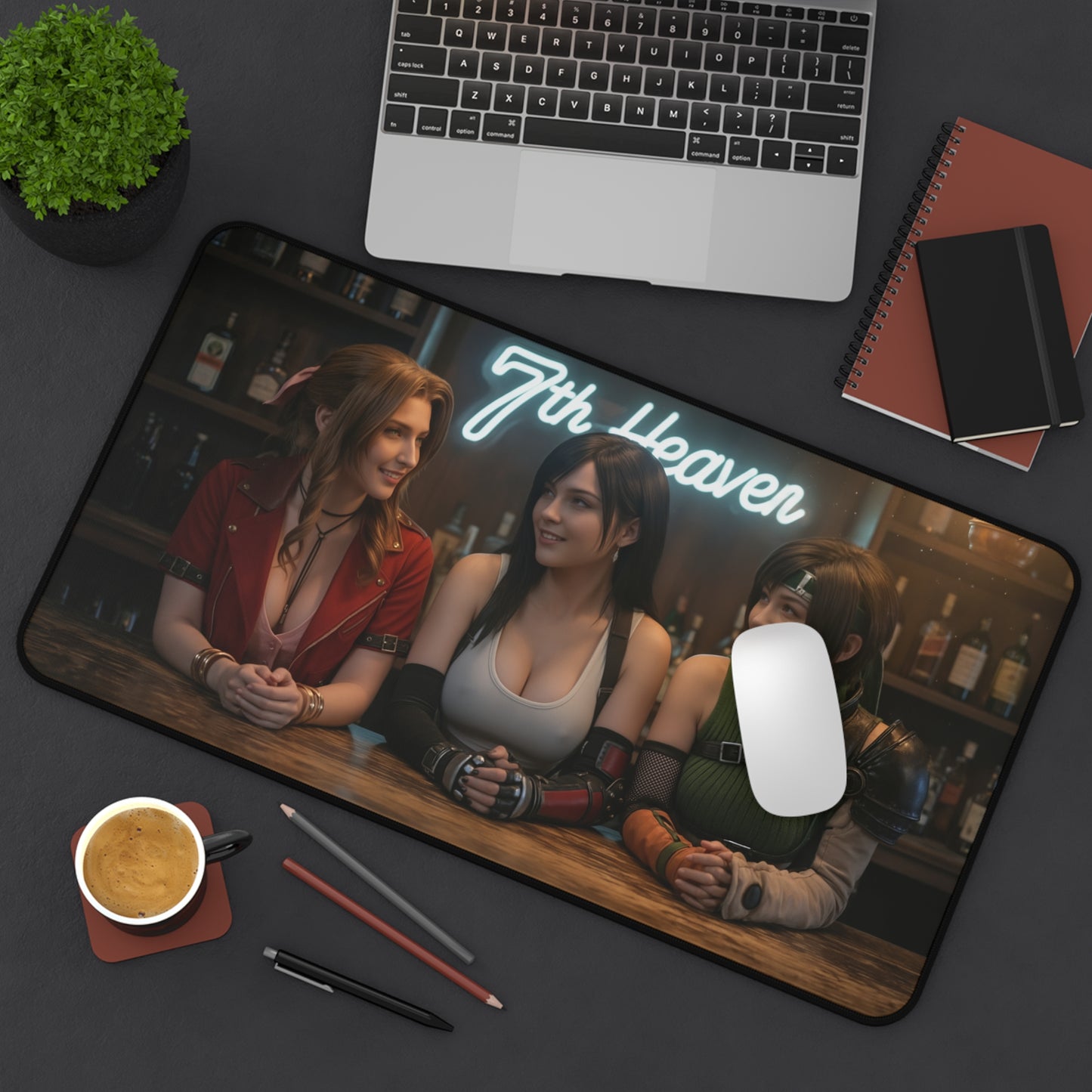 Tifa Aerith Yuffie Gaming Mouse Pad, Final Fantasy Desk Mat, RPG Heroine Setup - 7th Heaven bar artwork on large gaming desk mat