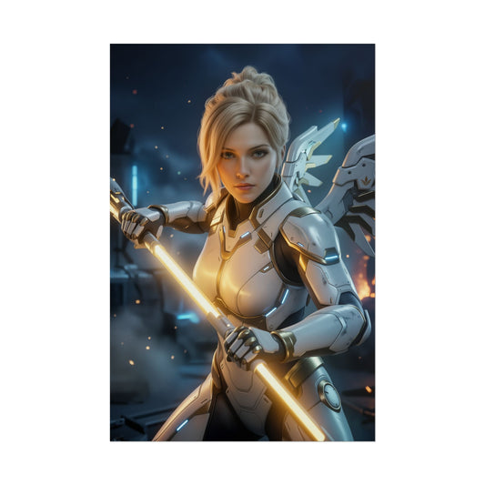 Mercy Poster Overwatch Wall Art Print Sci-Fi Gaming Decor featuring Mercy in futuristic armor with glowing staff, cinematic lighting and high-tech depth