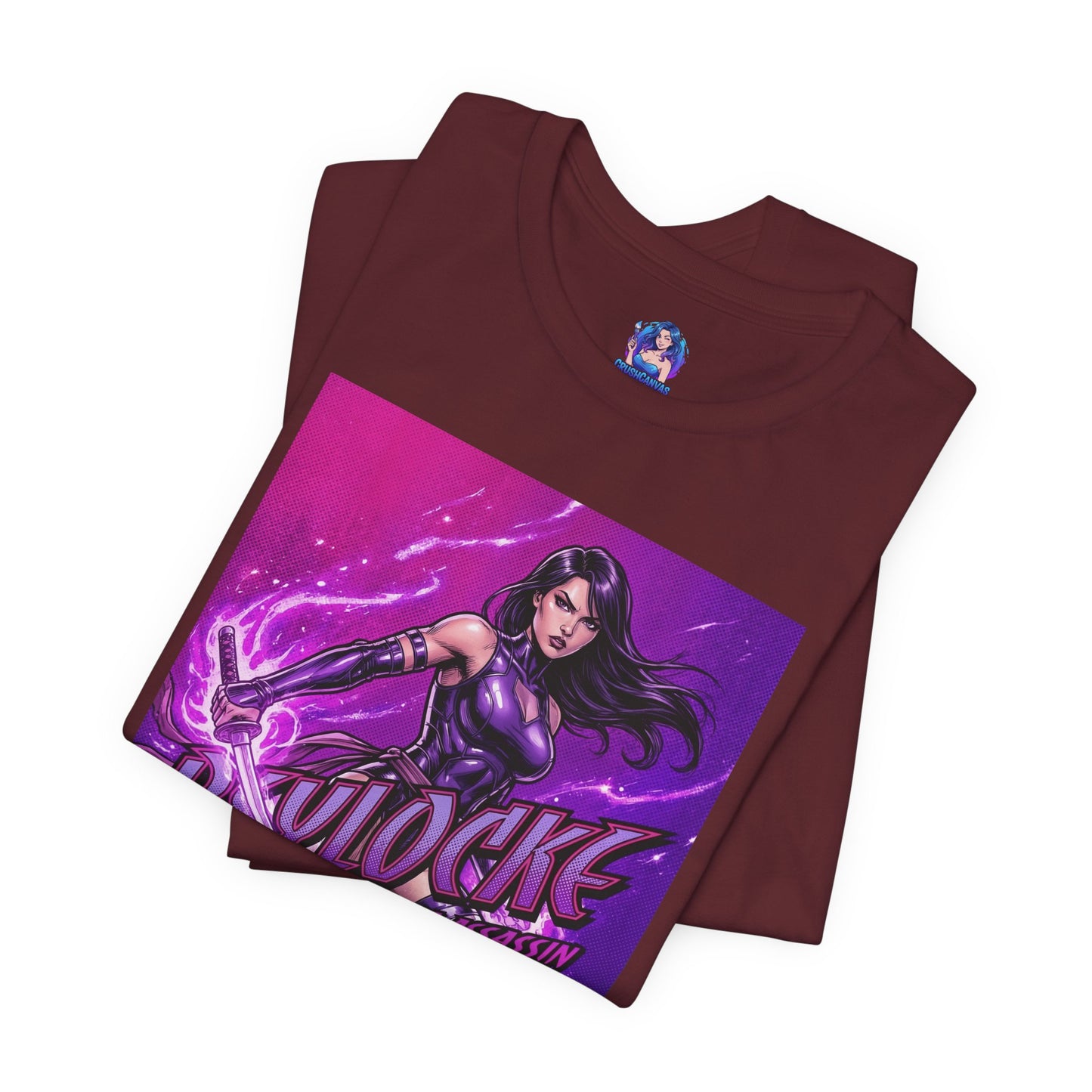 Psylocke T-Shirt | Marvel X-Men Anime Tee for Gamers & Fans with purple psychic blade illustration on maroon Bella Canvas 3001 tee