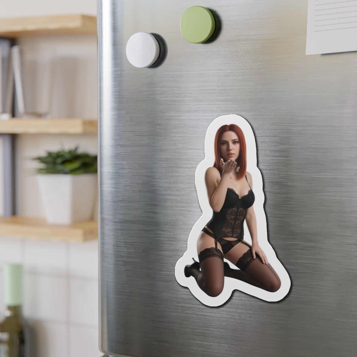 Black Widow Magnet – Marvel Heroine Fridge Magnet, Anime Style Decor on stainless fridge showing die-cut vinyl anime-style Black Widow heroine magnet