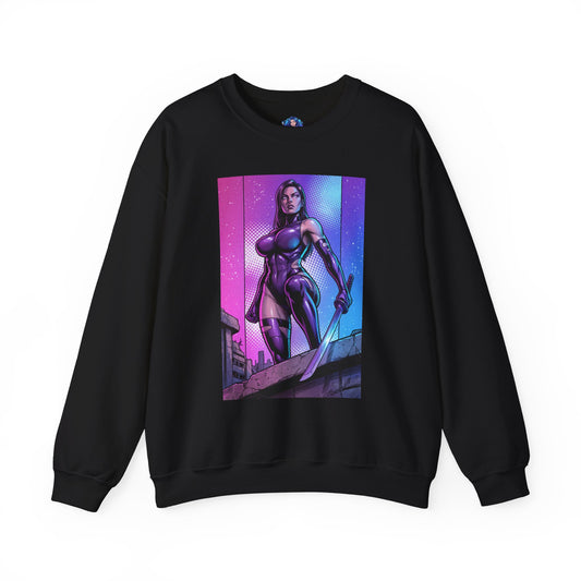 Psylocke Sweatshirt, Comic Character Art, Premium Fan Apparel - black crewneck with violet-toned Psylocke illustration in powerful stance