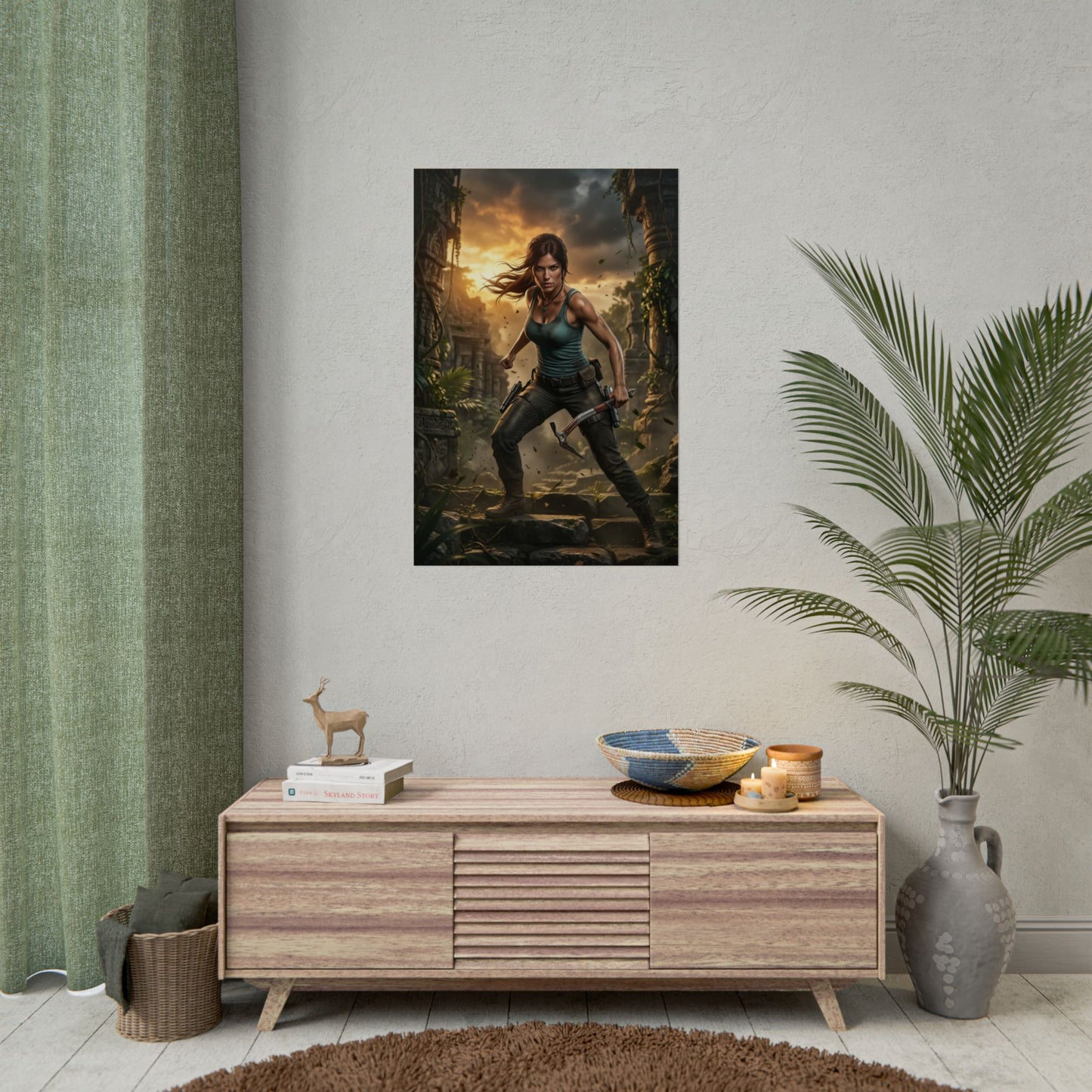 Lara Croft Poster Tomb Raider Wall Art Print Jungle Explorer Decor - cinematic close-up of Lara in ancient jungle ruins, soft lighting