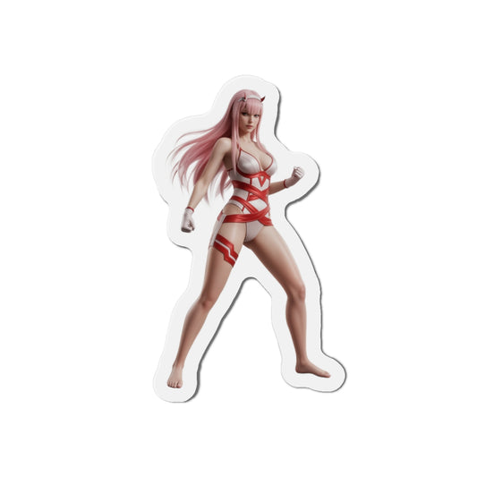 Zero Two Magnet – Anime Character Fridge Magnet, Sci-Fi Decor showing die-cut vinyl sticker of confident Zero Two anime character in red and white outfit