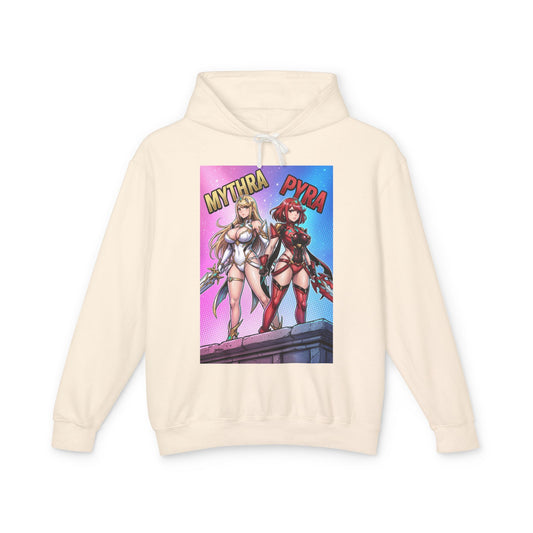 Mythra & Pyra Hoodie | JRPG Fantasy Hoodie | Anime Warrior Pullover - cream cotton hoodie featuring Mythra and Pyra anime warriors graphic