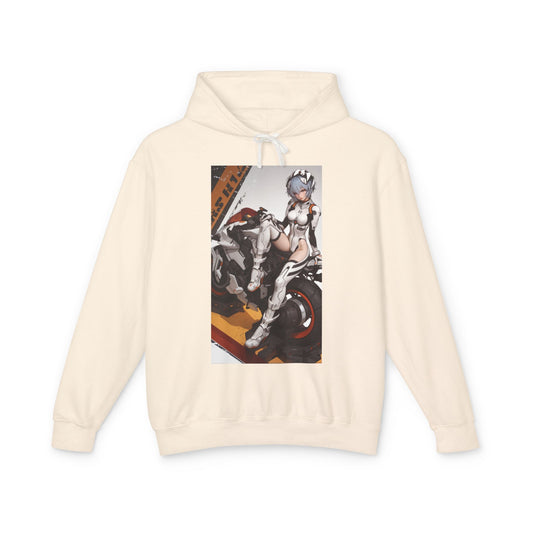 Rei Ayanami Hoodie | Evangelion Hoodie | Anime Mecha Pilot Pullover beige hoodie featuring Rei Ayanami artwork on a motorcycle, soft cotton pullover