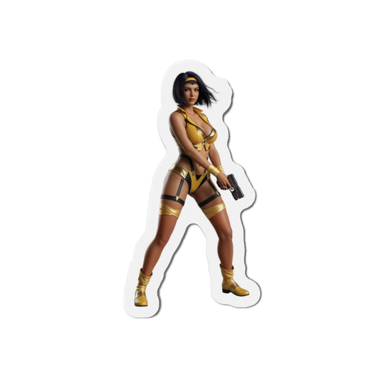 Faye Valentine Magnet – Cowboy Bebop Anime Heroine Fridge Magnet, Decor premium die-cut vinyl magnet of Faye in gold outfit for fridge decor