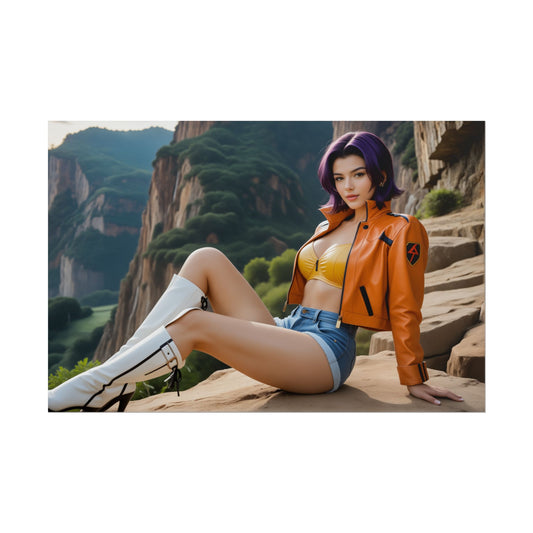 Retro Anime Poster | Faye Valentine Waifu Wall Art for Otaku Bedrooms featuring neon-noir Faye in orange jacket and boots, high-res print