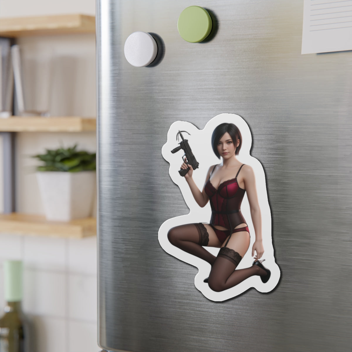 Ada Wong Magnet – Resident Evil Anime Heroine Fridge Magnet, Game Decor - die-cut vinyl fridge magnet showing Ada Wong in anime-style artwork