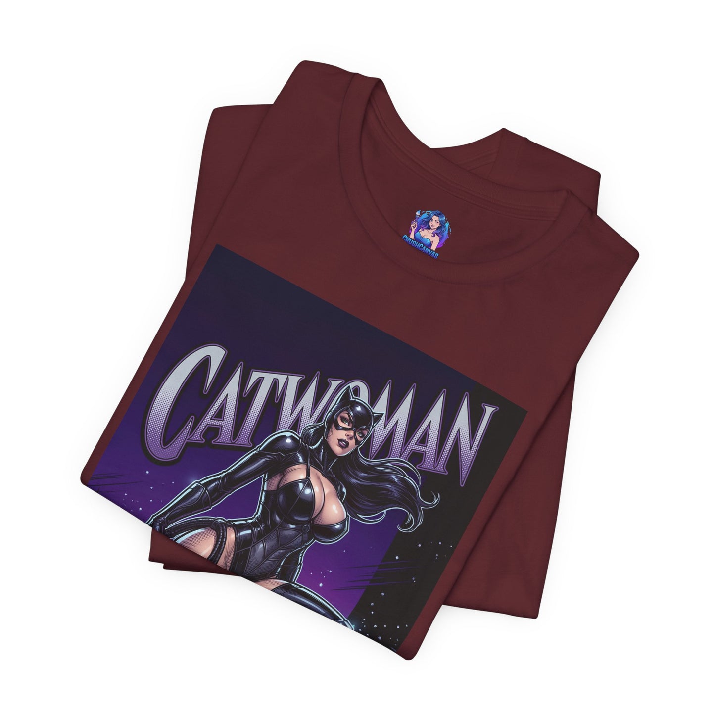 Catwoman T-Shirt | DC Comics Anime Tee for Gamers & Fans folded maroon Bella Canvas tee with comic-style Catwoman rooftop illustration