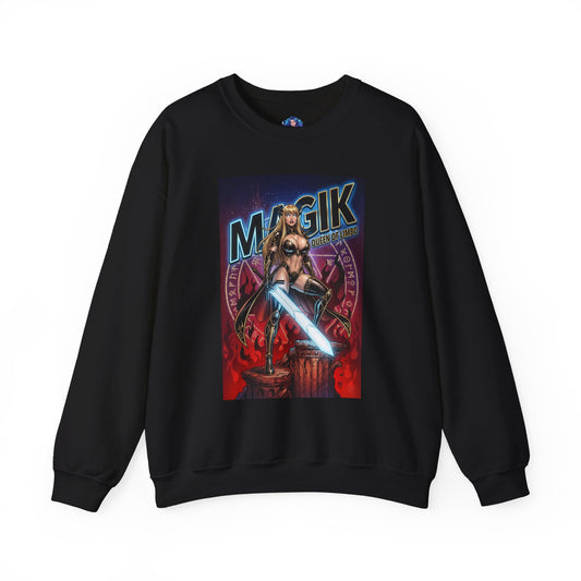 Magik Sweatshirt, Marvel Crewneck, Dark Fantasy Superhero Apparel - black crewneck featuring Magik with glowing sword and sorceress armor