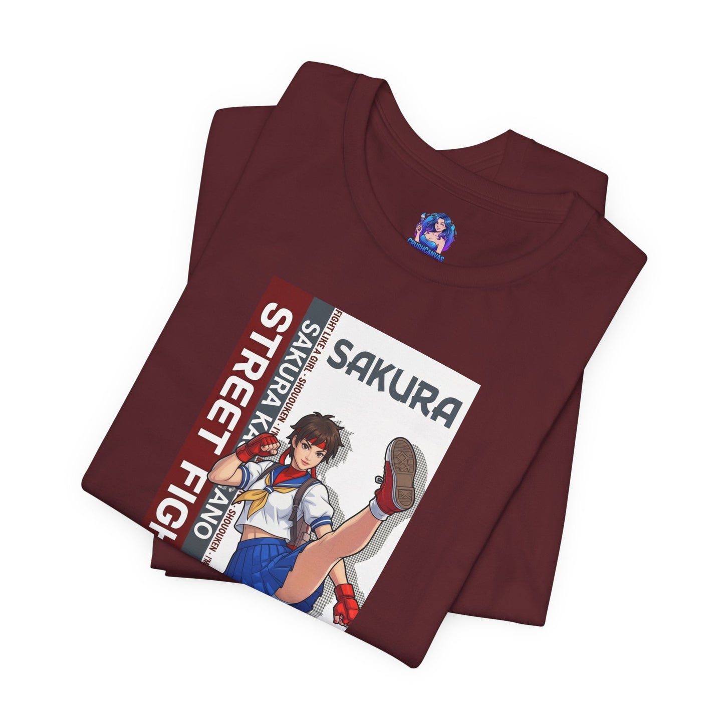 Sakura Kasugano T-Shirt | Street Fighter Anime Tee for Gamers & Fighting Game Fans - maroon tee with Sakura anime pose printed on Bella Canvas 3001