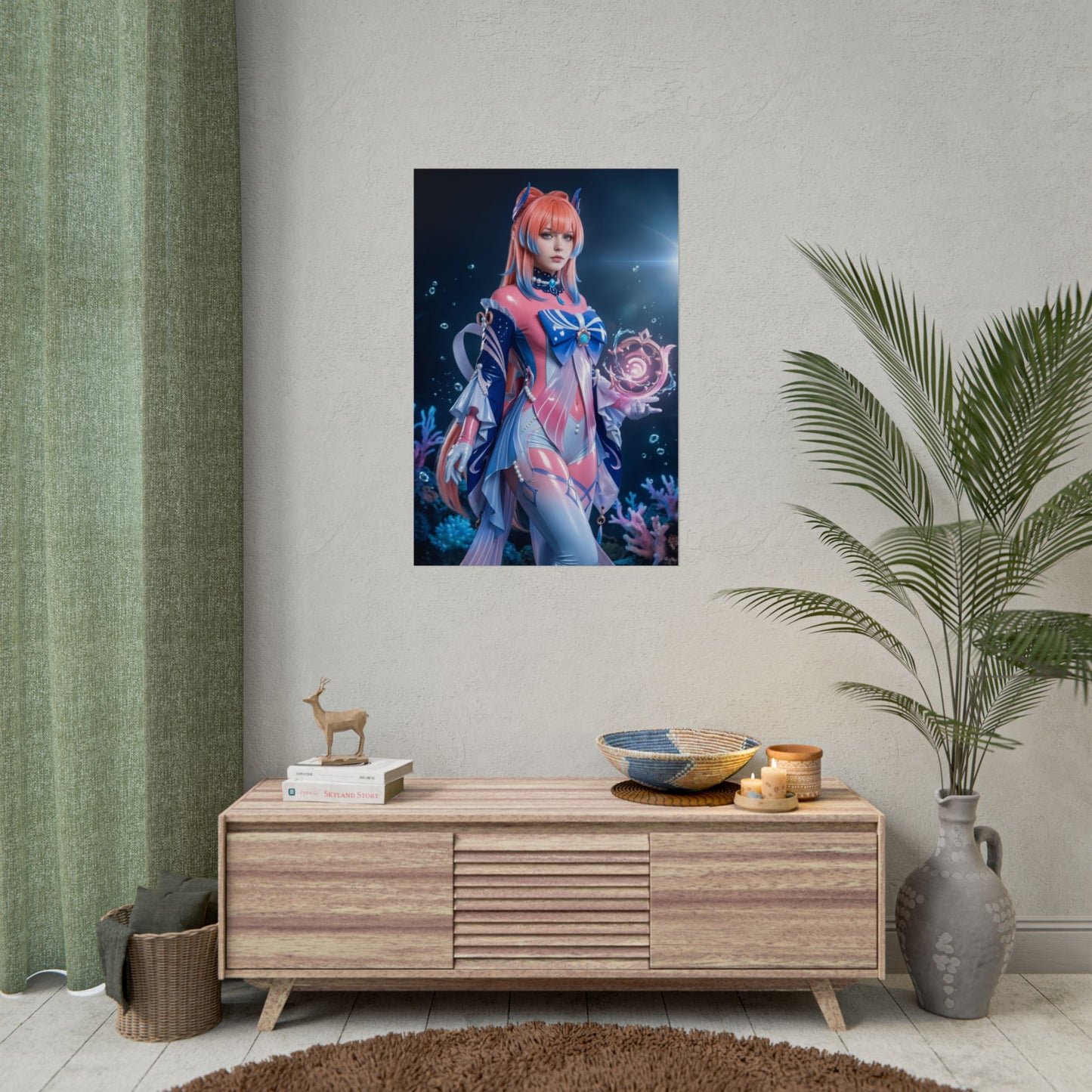 Kokomi Poster, Genshin Impact Art Print – Iconic Hydro Priestess Wall Art showing serene Hydro priestess gaming anime print in modern room