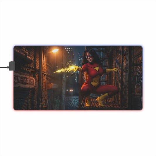 Spider-Woman Desk Mat – LED RGB Pad, Waifu Hero Anime Girl Setup vivid action pose on LED RGB gaming pad with smooth precision-cloth surface
