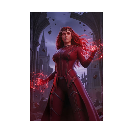 Scarlet Witch Poster, Marvel Art Print – Mystic Superhero Wall Art featuring Scarlet Witch in red costume casting magic for gamer room or fan collection