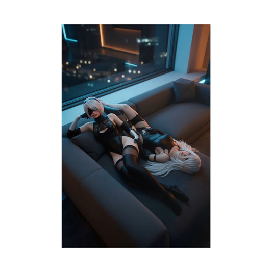 2B and A2 Poster, NieR Automata Art Print – Iconic Android Duo Wall Art showing 2B and A2 lounging on a couch in moody city-night lighting