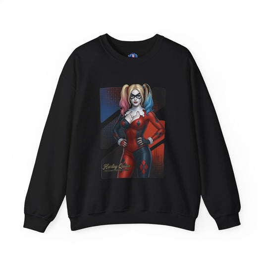 Harley Quinn Sweatshirt, DC Comics Crewneck, Iconic Comic Apparel for Fans - black crewneck with red-and-black Harley Quinn artwork