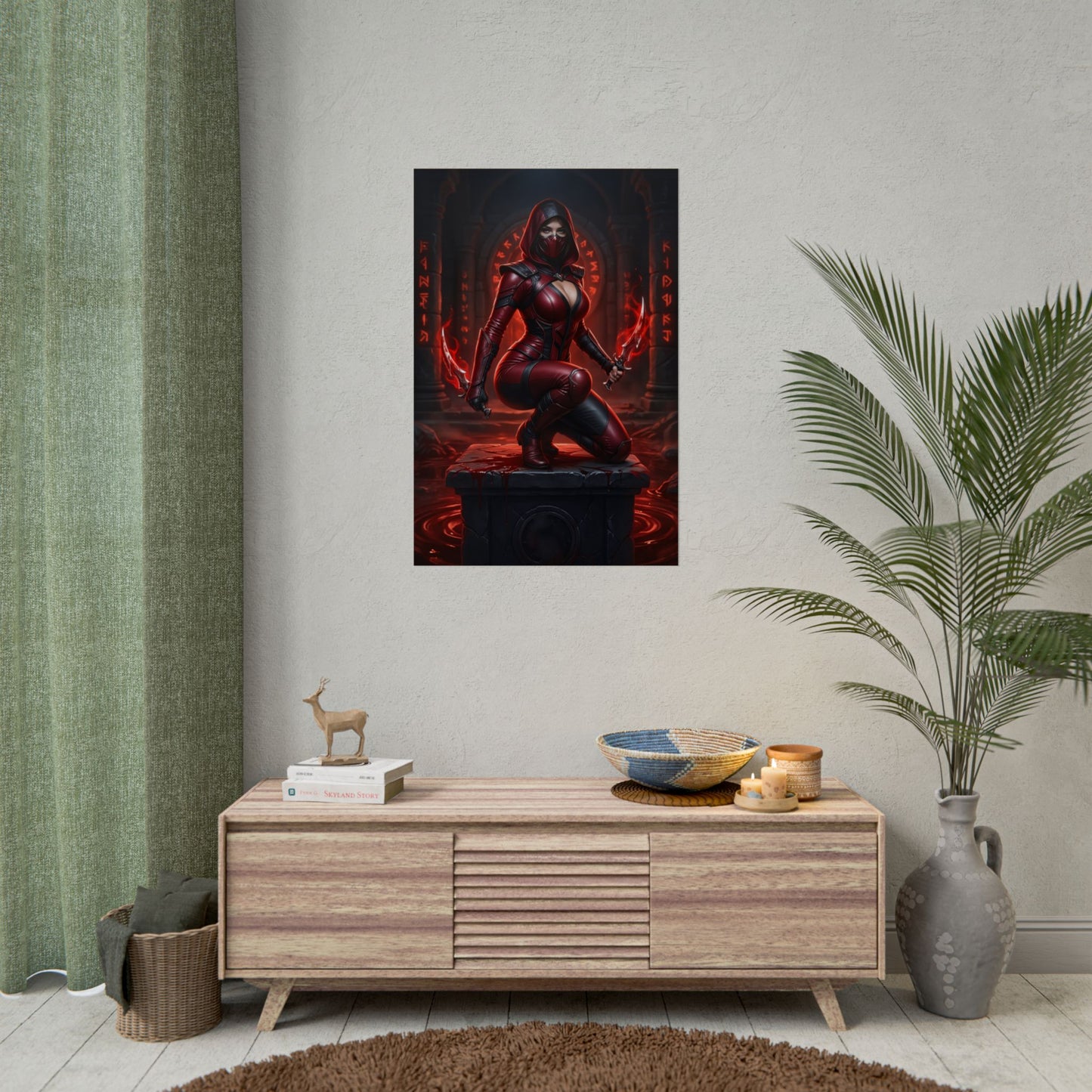 Skarlet Mortal Kombat Poster – Iconic Blood Mage Heroine Wall Art hung above console in modern gaming room