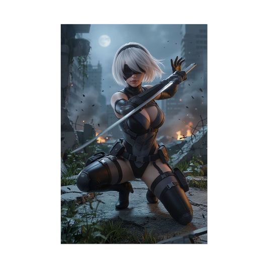 2B Poster, Nier Automata Art Print – Sci-Fi Game Heroine Wall Decor, dynamic kneeling android warrior with sword in ruined city scene
