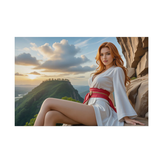 Anime Waifu Poster | Tsunade Print for Ninja Fantasy Room Aesthetic showing composed female shinobi in white kimono with red sash at sunset, vivid high-res print