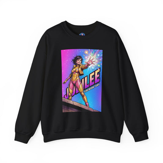 Jubilee Sweatshirt, Marvel Crewneck, Firework Energy Superhero Apparel – black crewneck with vibrant comic-style Jubilee graphic and sparkling firework energy