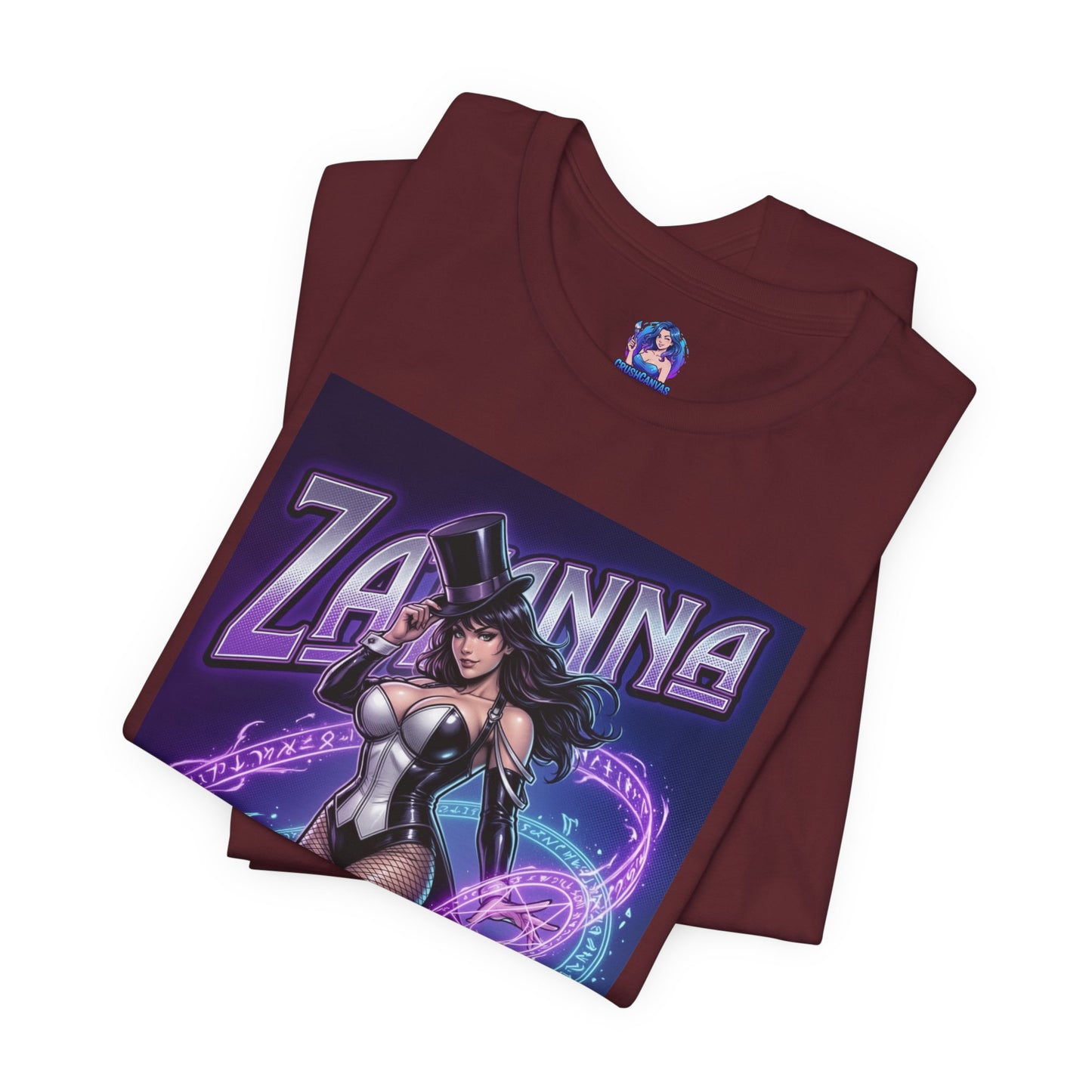 Zatanna T-Shirt | DC Comics Anime Tee for Gamers & Fans showing comic-style Zatanna in magician attire with mystical energy on Bella Canvas tee