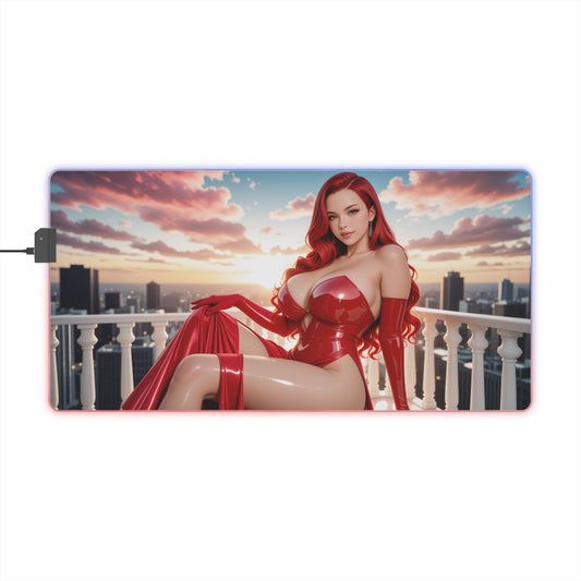 Jessica Rabbit Desk Mat – LED RGB Pad, Elegant Waifu Anime Girl Setup showing glamorous red-haired waifu on LED RGB gaming pad with city sunset backdrop