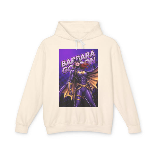 Batgirl Hoodie | DC Superhero Hoodie | Gotham Vigilante Pullover cream pullover with purple-and-gold Batgirl graphic front print