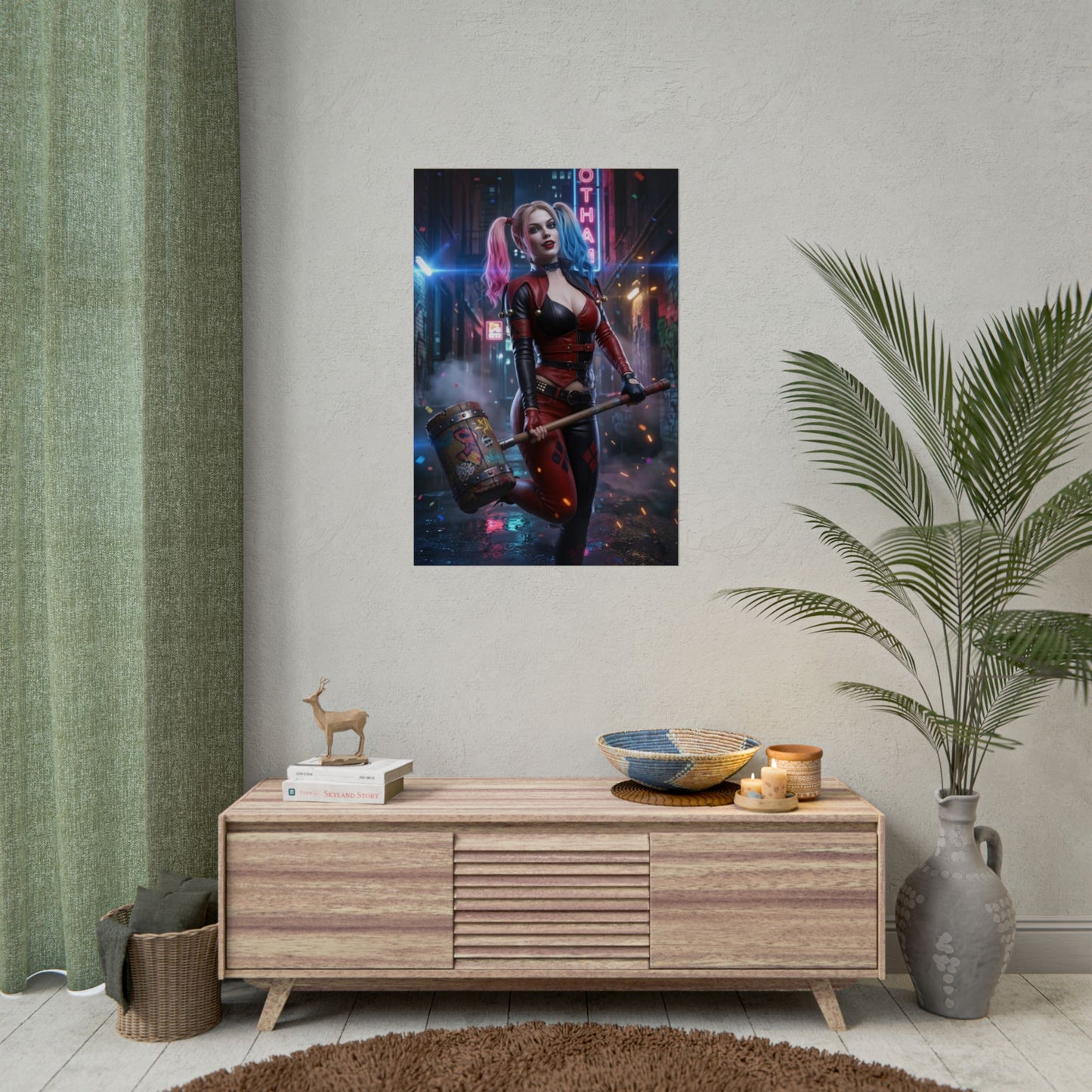 Harley Quinn Poster, DC Comics Art Print – Iconic Anti-Heroine Wall Art displayed above modern console in stylish gaming room decor