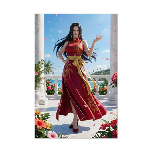 Boa Hancock Poster, One Piece Wall Art Print – Anime Collector Decor featuring Boa Hancock in red dress on tropical balcony, high-resolution anime wall art