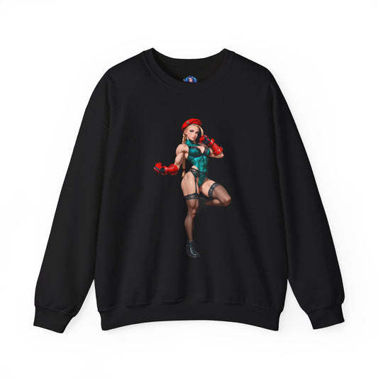 Cammy White Sweatshirt, Street Fighter Crewneck, Gaming Apparel for Fighters & Fans featuring Cammy artwork on black cozy crewneck