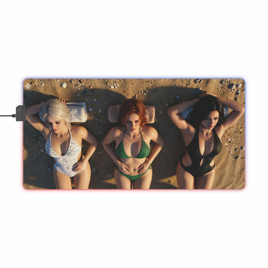 Ciri, Triss Merigold & Yennefer Desk Mat – LED RGB Pad featuring trio sorceresses on a beach-themed RGB gaming desk mat