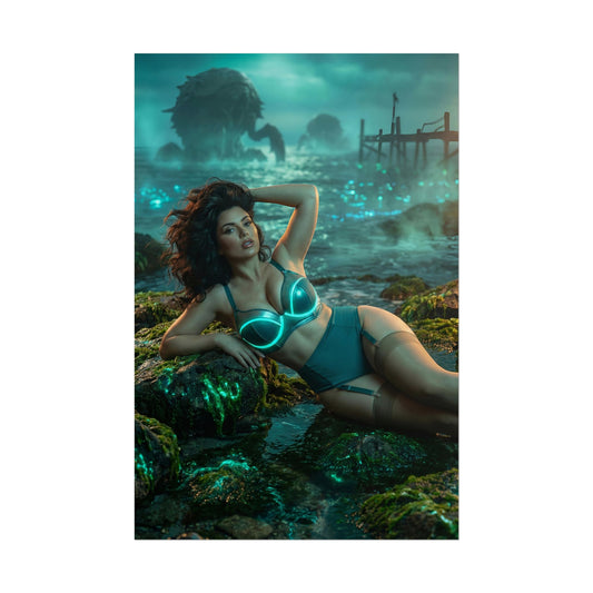 Fallout Seductive Woman Poster / Fallout Seductive Wall Art / Fallout Seductive Art Print / Fallout Poster - confident woman reclining at sea with retro-futuristic glow