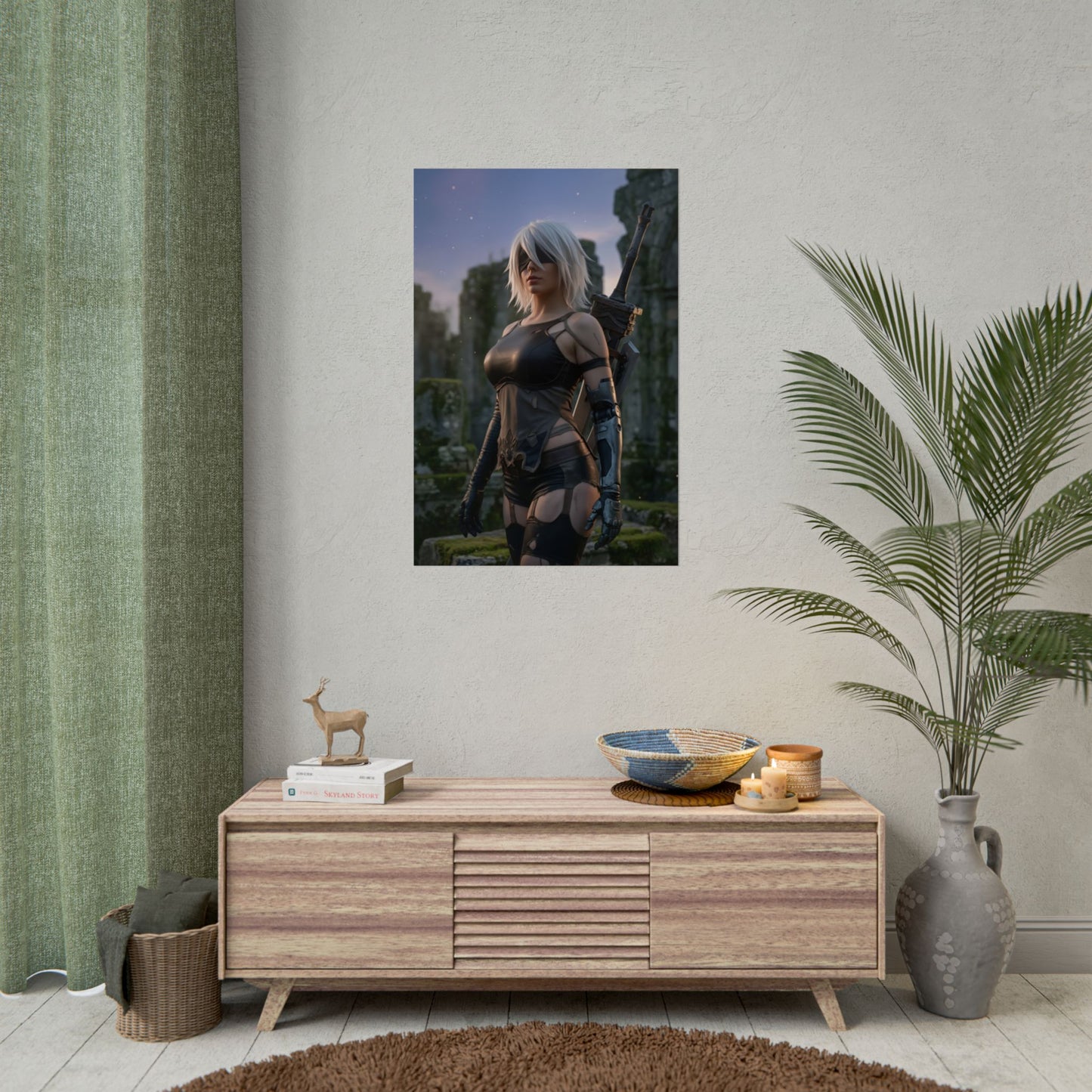 A2 Poster, NieR Automata Art Print – Iconic Android Warrior Wall Art featuring A2 in cinematic sci‑fi gamer room decor
