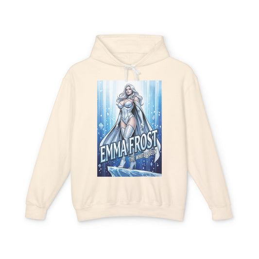 Emma Frost Hoodie | X-Men Villain Hoodie | White Queen Pullover - cream pullover with illustrated White Queen graphic and icy lettering