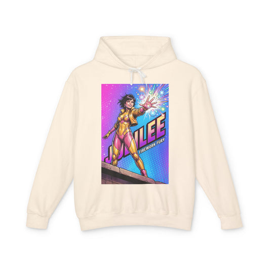 Jubilee Hoodie | Marvel Superhero Hoodie | Fireworks Fury Pullover – cream hoodie with colorful comic-style Jubilee fireworks graphic